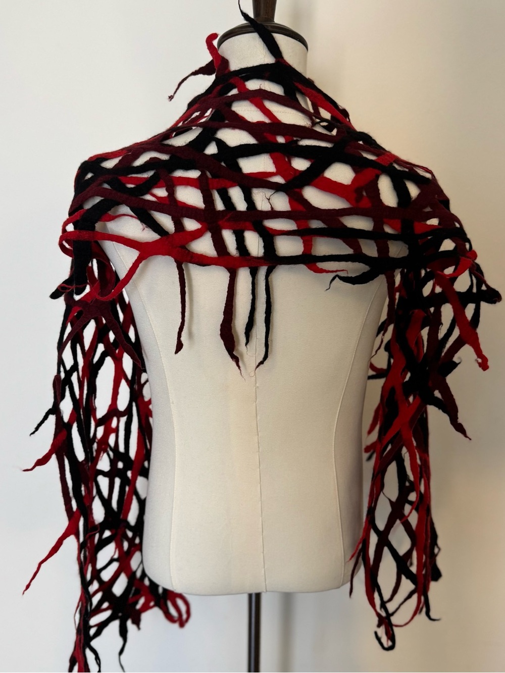 Avant Garde Red Black Felt Fringe Open Lattice Knit Scarf Shawl Wrap OS